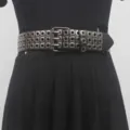 Punk riveted leather belt for men and women, retro rock style metal double prong buckle. - Black Belt With Gunmetal Square Rivets