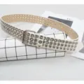 Punk rock style white leather belt with square metal grommets and double pin buckle for daily wear. - White Belt With Silver Square Rivets