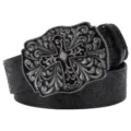 Vintage retro cross belt for men women, embossed floral leather strap with ornate silver buckle - 102cm Pack / Black