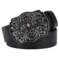 Vintage embossed leather belt with ornate metal cross buckle for men and women retro style. - 102cm Pack / Black