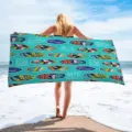 Microfiber beach towel with colorful surfboard and flamingo print for adults swimming and vacation. - Style ST-LQBZ-6