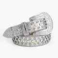 Rhinestone western belt detail, sparkling crystal studded wide silver leather belt for jeans. - 115cm / Silver AB