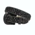 Black rhinestone embellished wide leather belt sparkling crystal western belt for women jeans - 115cm / Black