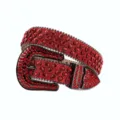 Women red rhinestone wide leather belt with sparkling crystals and ornate metal buckle for jeans - Red