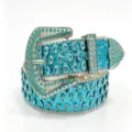 Women sparkling rhinestone wide belt fashion crystal western leather waist belt for jeans - Lake Blue