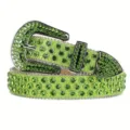 Sparkling green rhinestone studded western belt for women, fashionable wide leather belt for jeans. - Verdant