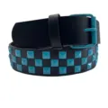Punk style black leather belt with bright blue square pyramid studs and matching buckle. - Light Blue Studs