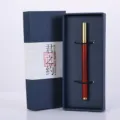 Metal and wood ballpoint pen detail view, exquisite red wood barrel with metallic ends in gift box. - Set 3