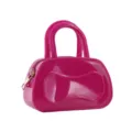 Detail view of hot pink PVC jelly handbag, glossy finish, double top handles and side zipper. - Rose Red