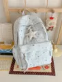 Cute star print canvas backpack, casual large capacity school bag for teen girls daily use - With Charm / Gray