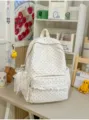 Canvas polka dot backpack school bag with lace ruffle and cute pendant for daily travel use. - With Pendant / White