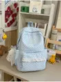 Cute Korean style polka dot canvas backpack for student girls, large capacity casual school bag. - With Pendant / Blue