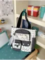 Cute black and white star canvas pain bag tote school backpack with clear window and bow. - Shoulder Bag / With Pendant / Black