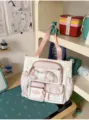 Korean ins style cute pink star print ita bag transparent pocket canvas student bag - Shoulder Bag / With Pendant / Pink