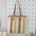 Handcrafted straw woven tote bag for women, stylish contrast color commuter shoulder bag. - Beige