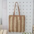 Handmade straw woven tote bag with contrast vertical stripes and brown leather handles. - Khaki