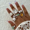 Juego de anillos múltiples plateados vintage bohemios piedra de luna y gema - Vintage Ring Set (6513602HB)