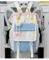 Japanese style color block school backpack with transparent front pocket and cute plush doll pendant. - White and Blue with Pendant