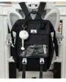 Black Japanese style school backpack with clear window and cute plush pendant accessory - Black (with Pendant)