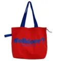 Red canvas tote bag with blue straps and letter print, large capacity casual shoulder bag. - Red