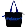 Black canvas tote bag with blue handles and stylish letter print, large capacity commuter bag. - Black