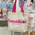 Large capacity canvas tote bag with pink straps and star pendant, stylish casual shoulder bag. - White