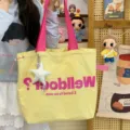 Stylish yellow canvas tote bag with pink straps large capacity casual shoulder handbag - Yellow