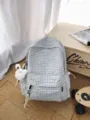 Mochila clásica de cuadros en blanco y negro para mujer, bolso escolar grande y elegante. - Con Colgante / Blanco