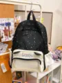 Cute black star print ita bag with transparent badge window and cat ears for student daily use. - Single Bag / S / Black