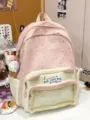Cute pink star print canvas backpack large capacity school bag with transparent front pocket. - With Charm / S / Pink