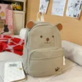 Cute corduroy bear backpack, casual kawaii school bookbag in khaki color variant. - Khaki