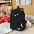 Black corduroy cute cartoon bear backpack casual school daypack for women daily use. - With Charm / Black