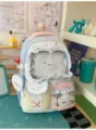 Γλυκό σχολικό σακίδιο πλάτης για κορίτσια kawaii τσάντα με διαφανές παράθυρο αστέρια - Με Μικρή Στρογγυλή Τσάντα Και Κούκλα / Μπλε