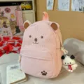 Pink corduroy backpack cute bear ears school bag casual daypack for teen girls daily use - With Charm / Pink
