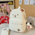 Cute white corduroy bear backpack with ears and plush pendant, casual school bag for girls. - With Charm / White