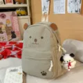 Corduroy cute bear backpack with paw embroidery, casual school bag for daily use. - With Charm / Khaki