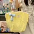 Casual τσάντα tote από νάιλον μεγάλης χωρητικότητας με μπλε καρό φιόγκο, κομψή τσάντα ώμου. - Με Κρεμαστό / Κίτρινο