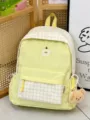 Hübscher pastellgrüner karierter Schulrucksack für Mädchen lässiger Tagesrucksack Bär Anhänger - Gelb