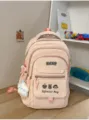 Rosa süßer Schulrucksack mit vielen Fächern, bestickten Tieraufnähern und süßem Stil. - Rosa mit Anhänger