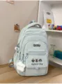 Hellblauer Schulrucksack, Freizeittasche mit mehreren Fächern, niedlicher Stickerei und Anhänger. - Blau (mit Anhänger)