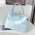 Light blue large capacity travel duffel bag, versatile shoulder tote bag with embroidery stars. - Blue