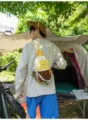 Stylish color-block sling backpack for outdoor travel, casual canvas daypack with mesh pocket. - With Lanyard / S / White
