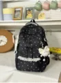Bonita mochila negra con estrellas, ribete de encaje blanco y gran capacidad para uso escolar diario. - Negro (con Colgante)