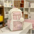 Cute pink polka dot school backpack for girls, large capacity student bookbag with a front pocket. - Double-Shoulder with Pendant / Pink