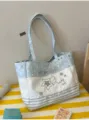 Μπλε και λευκή τσάντα tote από καμβά με πουά και ρίγες, χαριτωμένη αισθητική τσάντα ώμου. - Μονή Τσάντα / Μπλε