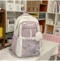 Cute polka dot school backpack for girls, white and purple large capacity student bookbag. - Double-Shoulder with Pendant / Purple