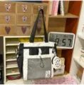 Black and white polka dot canvas tote bag with mesh pocket and cute pouch for daily use. - Single Shoulder Single Bag / Black