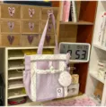 Cute purple polka dot canvas casual tote bag featuring a front mesh pocket and matching coin purse. - Single Shoulder Single Bag / Purple