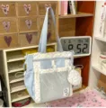 Cute polka dot canvas shoulder bag with mesh pocket large capacity casual tote bag for daily use - Single Shoulder Single Bag / Blue