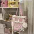 Cute pink polka dot canvas shoulder tote bag with transparent front pocket and coin purse. - Single-Shoulder with Pendant / Pink